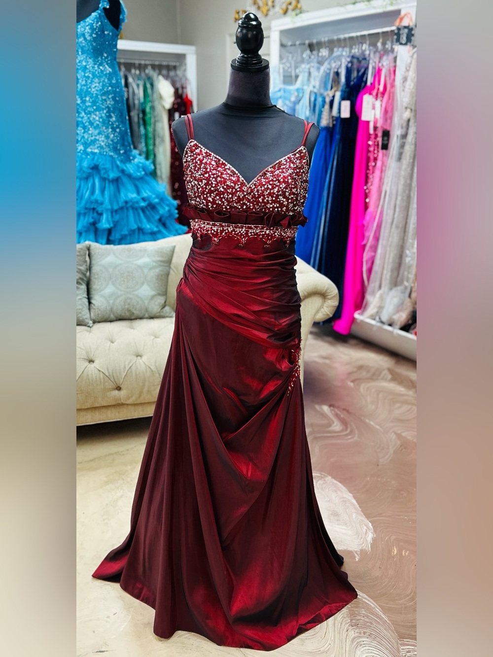 Garnet Embellished Prom Gown with Beaded Bodice